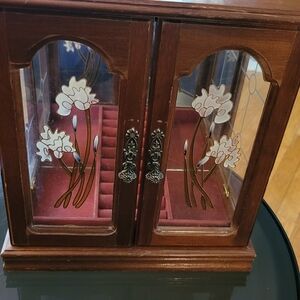 Wooden Jewelry Box with Stained Glass, Floral Design. Vintage.